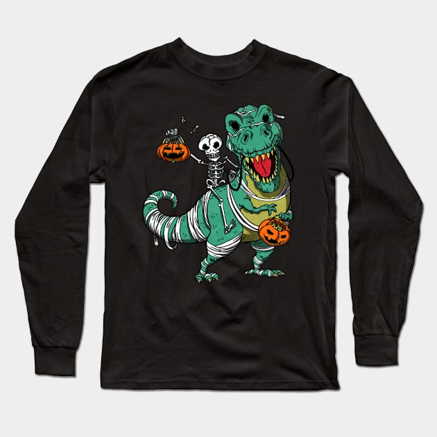 Skeleton And T-rex Halloween Long Sleeve T-Shirt by mehdime